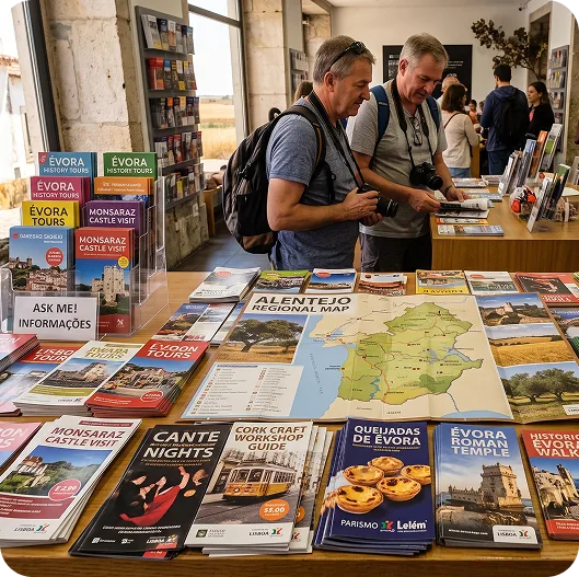 A tourist office table buried in flyers